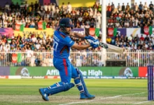 Afghanistan captain Ijaz Ahmadzai batting in international match 2026